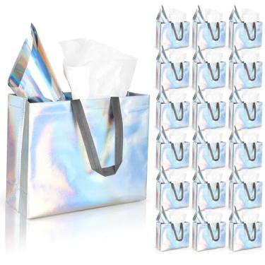 Imagem de Pacote com 30 sacos de presente iridescentes, sacos de presente holográficos reutilizáveis com alças escuras e papel de seda de 2 estilos, tamanho grande, 30 x 12 x 28 cm, lembrancinha de festa