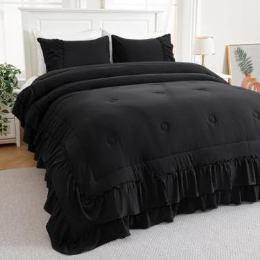 Imagem de Conjunto de edredom preto Queen Boho Shabby Chic 2 camadas com babados, decoração de casa, microfibra ultramacia, conjunto de edredom boêmio