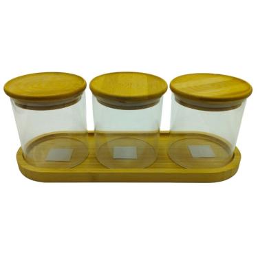 Imagem de Kit Bandeja Bambu + 3 Potes Vidro Mantimento Hermético 500Ml