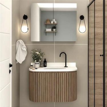 Imagem de Gabinete Banheiro Ripado 60cm C/ Curvo Cuba Ardósia Espelho - Rainha d