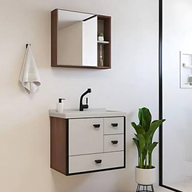 Imagem de Gabinete Banheiro 60cm Espelheira Mdf Cuba Mármore Suspenso - Rainha d