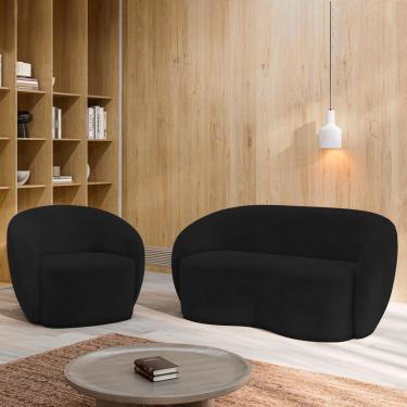 Imagem de Conjunto 1 Sofá Living 160cm e 1 Poltrona Decorativa Sala de Estar Íbis Encosto Fixo Veludo Preto G33 - Gran Belo