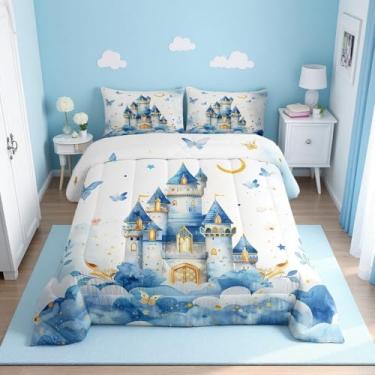 Imagem de Erosebridal Jogo de cama solteiro com estampa de princesa e castelo para crianças, adolescentes, borboleta azul, floral, lua e estrelas, decoração de quarto feminino fofo com 1 fronha