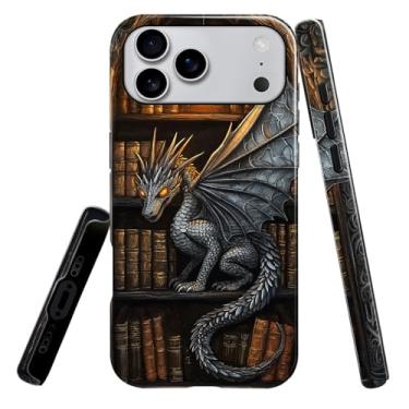 Imagem de heindiy Compatível com iPhone 17 Pro Max, capa brilhante, proteção total, à prova de choque, anti-arranhões, capa de TPU, capas para homem, mulher, estante vibrante escura dragão