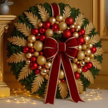 Imagem de Knitgrip Guirlandas de Natal de 50 cm para porta da frente com grandes laços vermelhos de veludo, agulhas de pinheiro, bagas, bolas douradas, bolas vermelhas, guirlanda de Natal para decoração de
