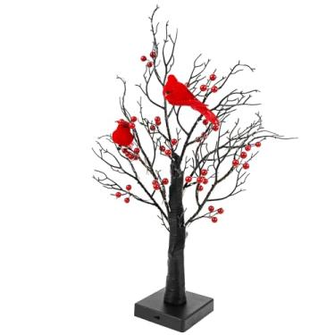 Imagem de Árvore vintage brilhante com cardeais e frutas vermelhas, mini árvore de Natal iluminada cintilante operada por bateria, luz de decoração de pássaros de frutas vermelhas de LED para mesa central