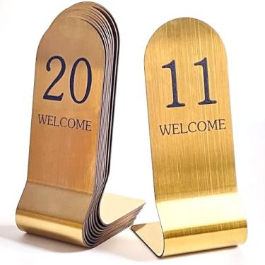 Imagem de SIWOT Cartões de lugar de aço inoxidável de 16/20 cm de altura, 10 pçs/conjunto de cartões de assento empilháveis de dupla face, números de mesa verticais, porta-cartões de metal (15 cm, preto dourado