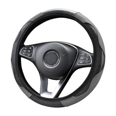 Imagem de Capa de volante de carro, couro PU de microfibra universal elástico de 38 cm cor de costura antiderrapante protetor de volante, acessórios interiores de carro para homens e mulheres (preto/cinza)