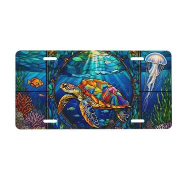 Imagem de UEQIKI Vitral colorido de tartaruga marinha-5000 placa de licença frontal para mulheres placas decorativas de alumínio metal bonito novidade placa de licença capa para homens 6x12 polegadas (4 furos)