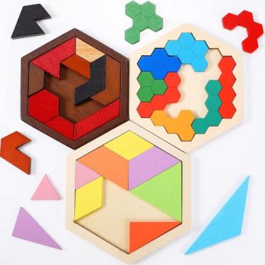 Imagem de Pacote de 3 peças de brinquedo de quebra-cabeça Tangram hexagonal de m