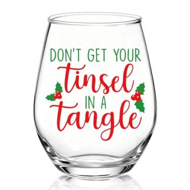 Imagem de TOUNER Don'T Get Your Tinsel In A Tangle Stemless Taça de vinho, presentes engraçados de Natal para mulheres, mãe, tia, irmã, melhor amiga, presente de aniversário de Ação de Graças para mulheres