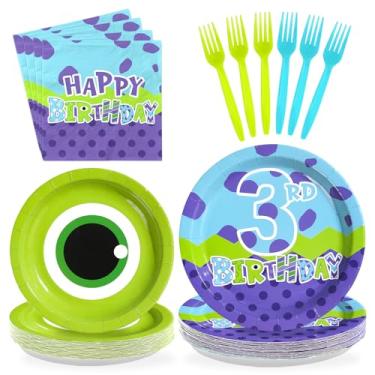Imagem de 96 peças de artigos de festa de aniversário de monstro, 3º monstro, pratos e guardanapos descartáveis de desenho animado verde e roxo para crianças, decorações de chá de bebê de terceiro aniversário