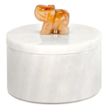 Imagem de Homestia Adega de sal de mármore com tampa Recipiente de sal branco de 10 cm com puxador de elefante de cristal de topázio, suporte de sal de pedra para balcão, pote de especiarias e pote de sal