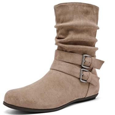 Imagem de Luoika Botas femininas de cano curto de largura larga - Botas curtas pretas e marrons com bloco de salto baixo com zíper lateral., Bege 711, 8.5 Wide