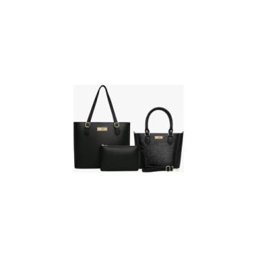 Imagem de Kit 3 Peças Bolsa Feminina, Couro Sintético, Preta, com Bolsa Tote Grande 43x30x11cm, Bolsa Transversal Média 28x17cm, Necessaire 18x10cm, Alças Trançadas
