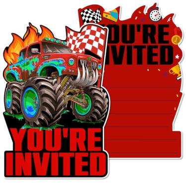 Imagem de MQCLYSG 20 conjuntos de cartões de convites de festa de caminhão monstro com envelopes adesivos convites de carro de corrida para meninos festa de aniversário dupla face (vermelho)