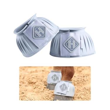 Imagem de Harrison Howard Botas de sino de borracha de couro Touch-Close Overreach proteção de casco para cavalos vendidas em pares cinza claro M