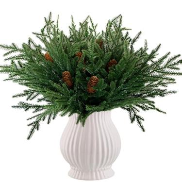 Imagem de Hidreas 12 ramos realistas de pinheiro Norfolk, 45 cm, hastes de pinheiro de toque real com 6 hastes grandes de pinha para artesanato faça você mesmo, guirlanda de Natal, decoração interna e externa