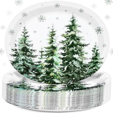 Imagem de Homlouue 50 peças de pratos ovais de Natal, pratos de Natal de 30,5 x 25,4 cm, descartáveis, prato de papel de flocos de neve de cedro aquarela, prato de festa resistente para jantar, decoração de