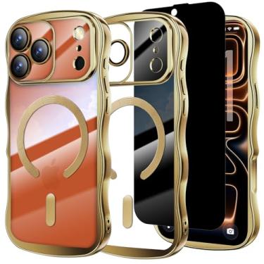 Imagem de Misscase Capa projetada para iPhone 17 Pro de 6,3 polegadas, com protetor de tela de privacidade*1, linda capa com moldura ondulada com protetor de lente de câmera, compatível com MagSafe Plating