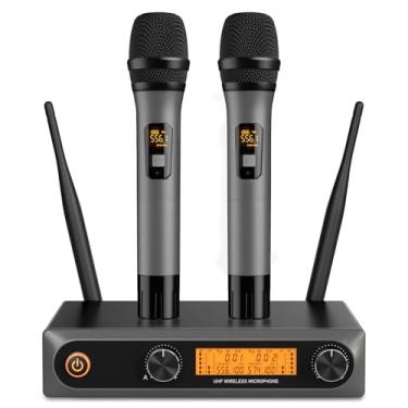 Imagem de voijump Microfones sem fio, sistema de microfone portátil profissional de metal duplo UHF dinâmico sem fio (61 m) para karaokê, casa, reunião, festa, conjunto de KTV em casa, casamento, igreja, DJ