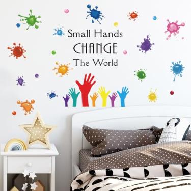 Imagem de Decalques de parede com citações inspiradoras, adesivos de parede com mãos pequenas que mudam o mundo, tinta aquarela colorida, respingos, salpicos de tinta, murais de parede removíveis ou decoração
