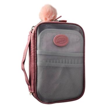 Imagem de Estojo Escolar Box Grande Rosa Escuro Transparente Pompom Organizador Colorido Divisória Lápis Aula