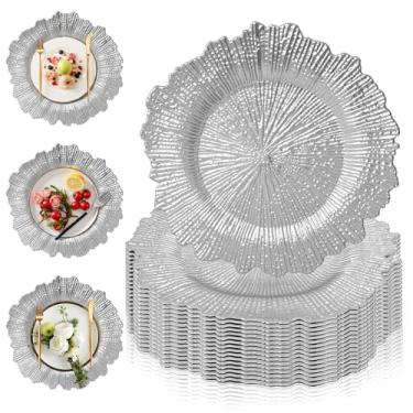 Imagem de PROY 100 peças de placas de carregamento de prata, a granel, placas de carregamento de recife de prata de 33 cm para casamento, Ação de Graças, Natal, carregadores de plástico para pratos de jantar