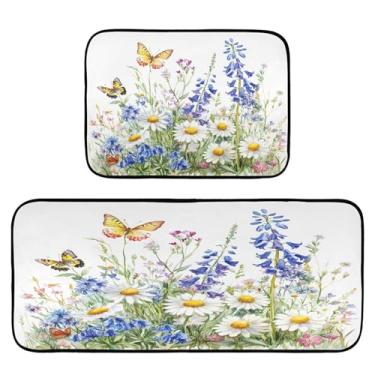 Imagem de STAYTOP Lindo tapete de cozinha de flores silvestres aquarela 2 peças, tapete de entrada frontal, antiderrapante, alivia a fadiga, lavável, tapete para cozinha, quarto, varanda