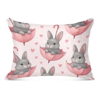 Imagem de Lindos coelhos cinzentos rosa pastel fronha decorativa com zíper para fronhas padrão Queen King capa de travesseiro estético grande sonolento, tamanho Queen, 50,8 cm x 76,2 cm