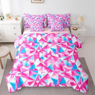 Imagem de Erosebridal Jogo de edredom geométrico de 7 peças, estilo moderno, simples, reversível, rosa, azul, triângulo, respirável, leve
