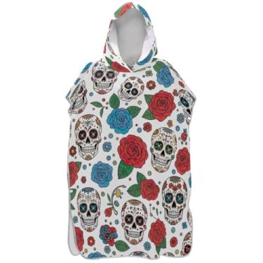 Imagem de Joisal Roupão de mudança branco com caveiras de açúcar rosas para adultos, poncho de surfe, ponchos de praia vestíveis para homens, toalha de banho com capuz de praia