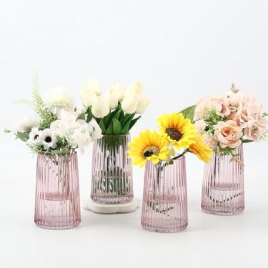 Imagem de MARTAGE Conjunto de 4 vasos de vidro rosa, vasos pequenos para flores, vaso de flores para buquê, vaso de vidro moderno com nervuras para sala de estar, quarto, mesa de jantar, escritório, casamento