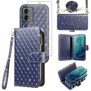 Imagem de Capa carteira compatível com Motorola Moto G 5G 2024 com zíper destacável e protetor de tela de vidro temperado alça transversal com glitter flip porta-cartões para celular G5G 5 G G5 feminino azul