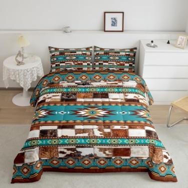 Imagem de Feelyou Conjunto de edredom boêmio, tamanho Queen, sudoeste, nativo americano, geométrico, tribal, decoração de quarto, marrom e azul