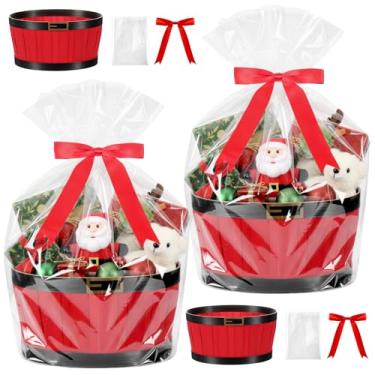 Imagem de 2 cestas de Natal vazias para presentes de 22 x 18 cm para encher cesta de bambu com cinto de Natal para Papai Noel, Natal, Natal, aniversário, embrulho de presente