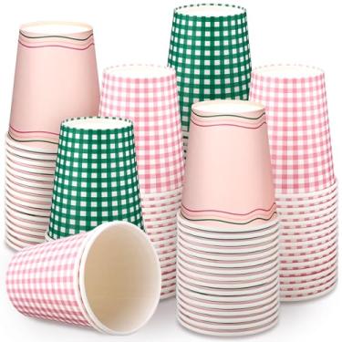 Imagem de Yungyan 100 peças de copos de papel guingão 255 g descartáveis xadrez xadrez lembrancinhas de festa de acampamento rosa e verde suprimentos de festa guingão para bebida piquenique glamping aniversário