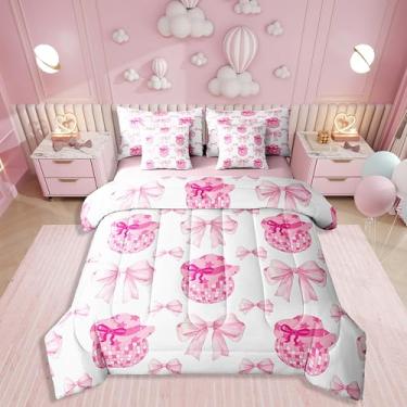 Imagem de Erosebridal Jogo de cama Queen com laço rosa, 7 peças, para meninas e mulheres, cowgirl ocidental, conjunto de edredom com bola de discoteca, edredom rústico de caubói de fazenda, laço hippie, dia dos