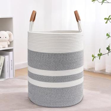 Imagem de Cesto de roupa suja listrado de 60 L com alças de couro, cesto de roupa grande dobrável para roupas, cesto de armazenamento de corda de algodão para cobertores, cesta de roupas de tecido para quarto