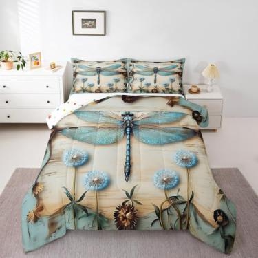 Imagem de Conjunto de cama casal, dente-de-leão, libélulas, voando, azul-petróleo, planta rústica, folhas e folhas de madeira, decoração de quarto de crianças, meninos e meninas