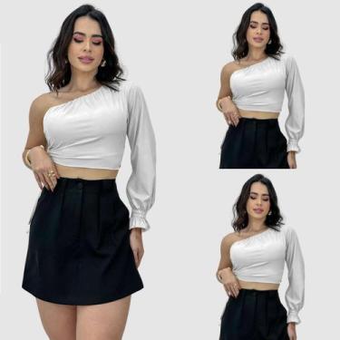 Imagem de Kit 3 Cropped Blusinha Crepe Um Ombro Só Feminino Manga Longa Fashion 