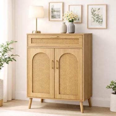 Imagem de Krsoladne Armário de buffet de vime – estilo boêmio, com gavetas e armários de armazenamento, adequado para salas de estar, salas de jantar e armazenamento de cozinha
