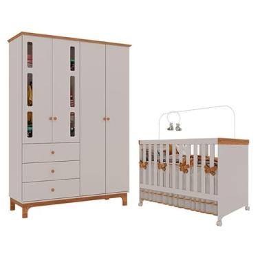 Imagem de Berço Americano Mini Cama com Guarda Roupa Infantil Antonella 4 Portas Off White Caramelo - Canaã