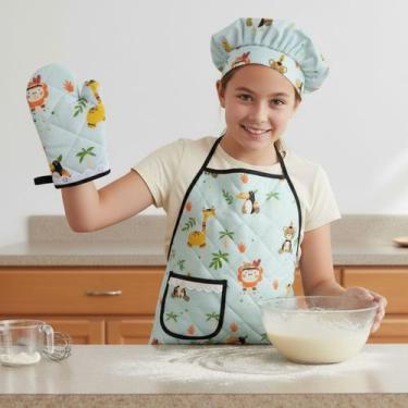 Imagem de Kit Avental Juvenil de Cozinha Infantil Kids com Touca e Luva Estampad