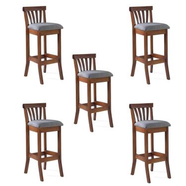 Imagem de Kit 5 Banquetas Alta Bakeri Linho Cinza/Imbuia