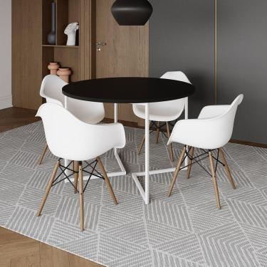 Imagem de Mesa Jantar Industrial Preta 110Cm Redonda Base V Ferro Branco C/4 Poltronas Brancas Madeir Preto