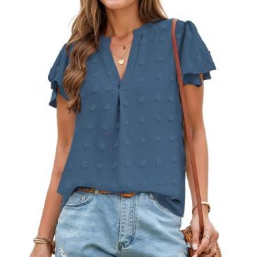 Imagem de Blusa feminina AURUZA com decote em V, babados, manga curta, azul mari