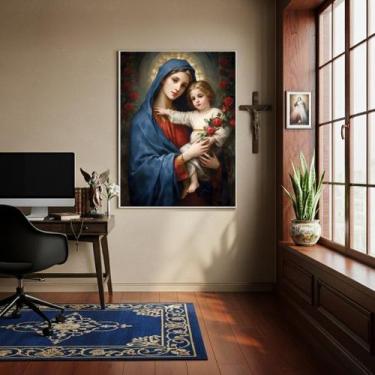 Imagem de Quadro Maria Com Menino Jesus Rosas Vermelhas - 70X50Cm - Quadros On-L