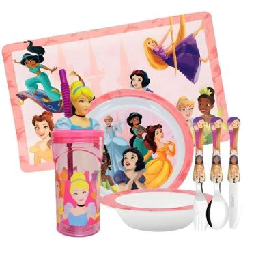 Imagem de Jogo Refeição Infantil Princesas Disney 7 Peças Tigelas, Copo, Lugar Americano E Talheres - Tuut