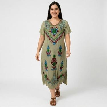 Imagem de Vestido Indiano Longo Manga Curta Liso bordado Colorido 1100 - - Sarat